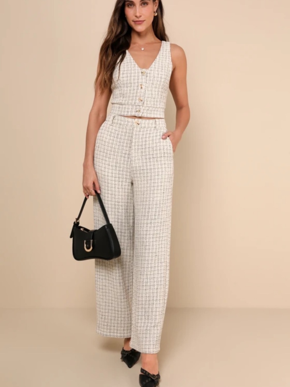 Lulu's Cream Tweed Wide-Leg Pants Two-Piece Set